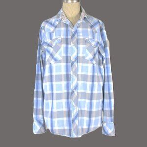 Roper Western Shirt Mens M Blue and Silver Plaid Soft Cotton Snap Closure